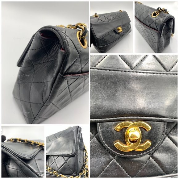 Authentic CHANEL Lambskin Double Chain Small Vintage Flap Black / Gold Hardware - Picture 11 of 17